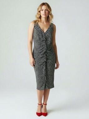 VALERIE BERTINELLI Polka Dot Ruched Ruffled Dress